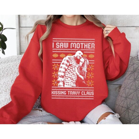 I Saw Mother Kissing Travy Claus Ugly Christmas Sweatshirt Size Small Red Taylor - Picture 1 of 9